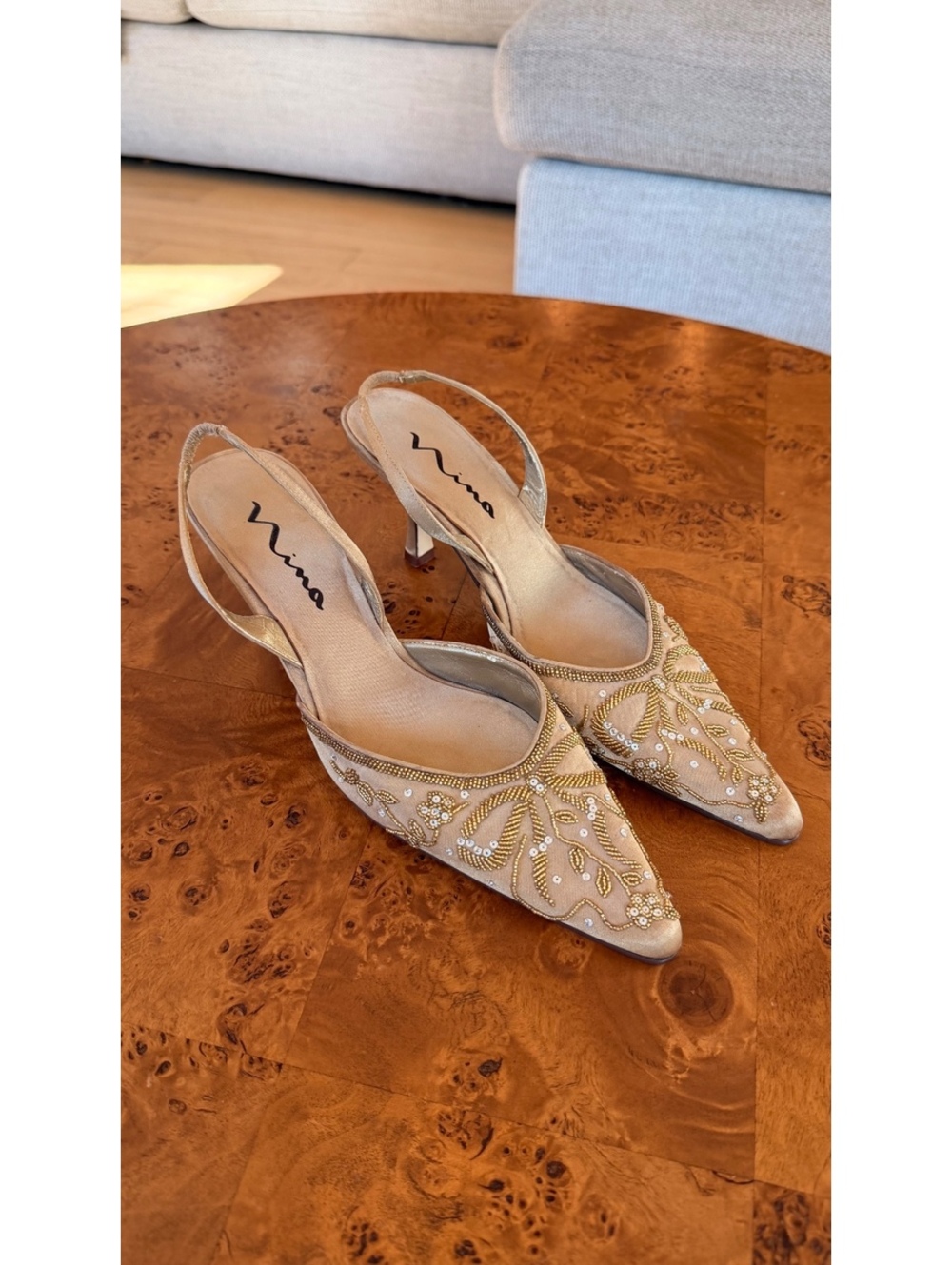 Nina Gold Beaded Slingback Heels Size 8.5
